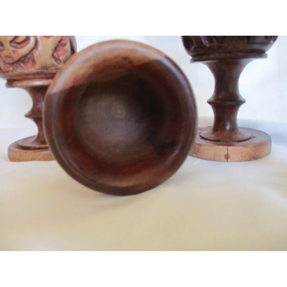 Vintage Hand Carved Wood Goblets Wine Glass Set Of 4 Elephant & Rhino